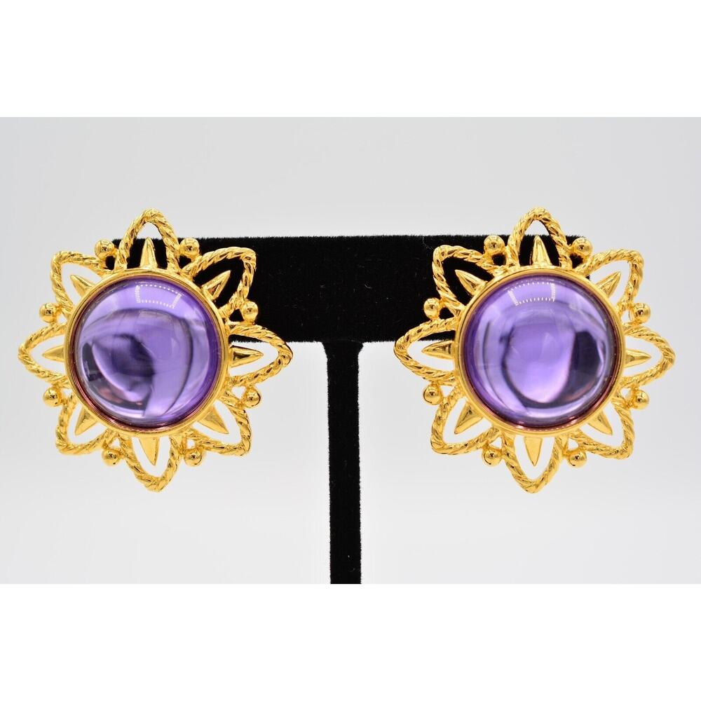 Trifari Vintage Mogul Purple Cabochon Clip On Earrings Gold Flower Star BinAS
